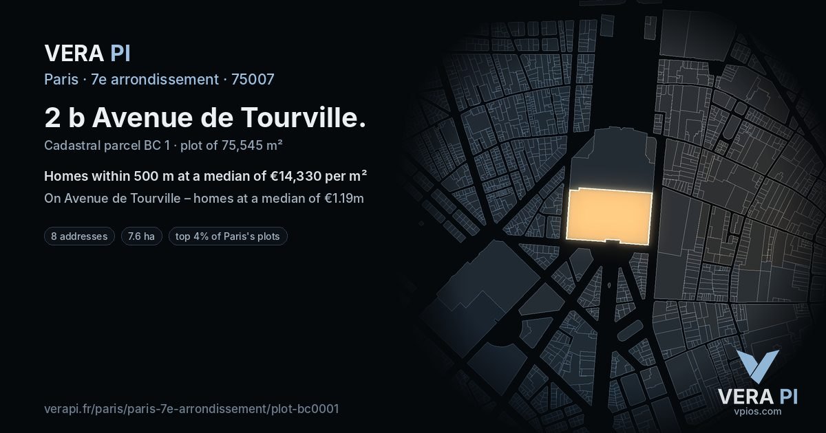 2 b Avenue de Tourville, 7e arrondissement at night – the plot lit, the parcels around coloured by the prices near them