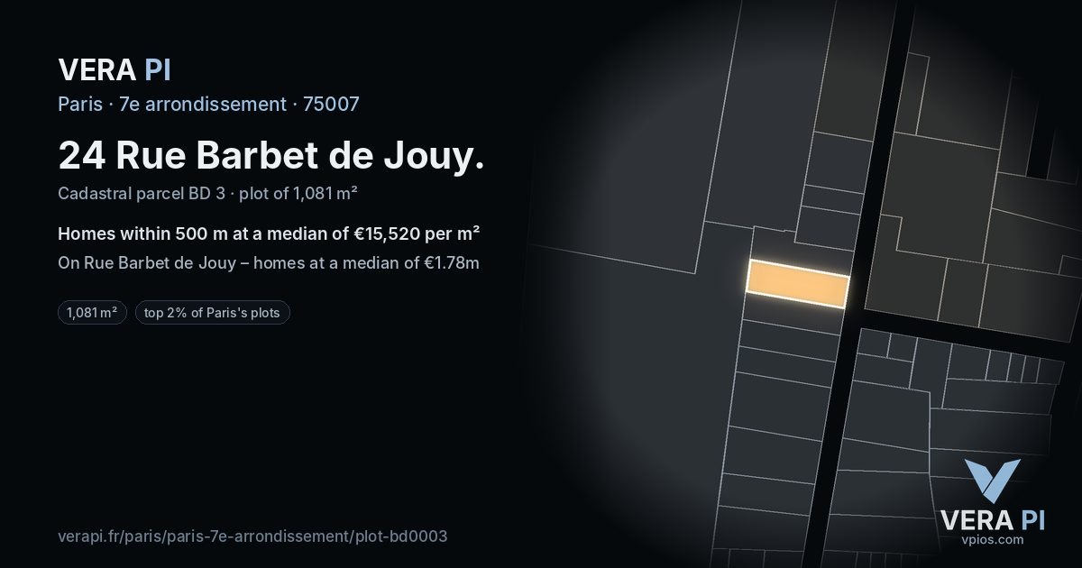 24 Rue Barbet de Jouy, 7e arrondissement at night – the plot lit, the parcels around coloured by the prices near them