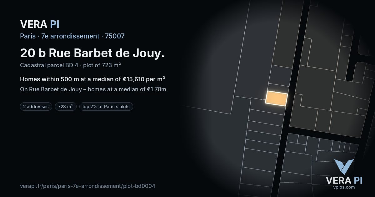 20 b Rue Barbet de Jouy, 7e arrondissement at night – the plot lit, the parcels around coloured by the prices near them