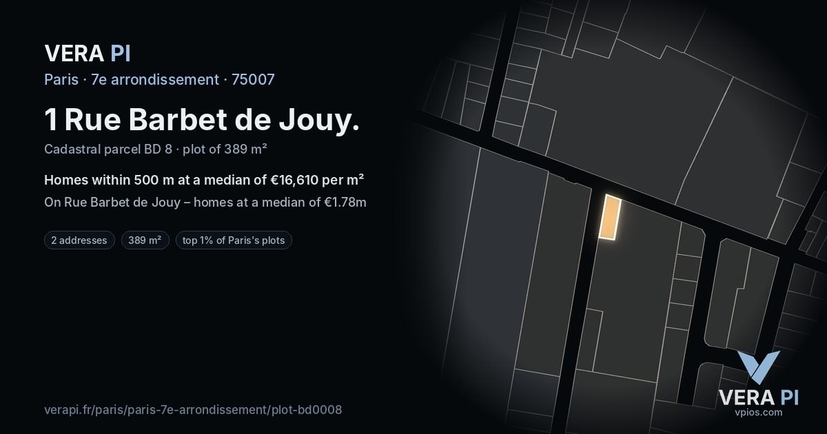 1 Rue Barbet de Jouy, 7e arrondissement at night – the plot lit, the parcels around coloured by the prices near them