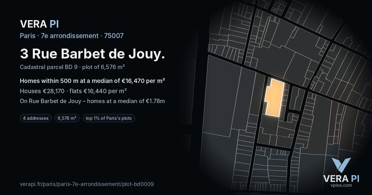 3 Rue Barbet de Jouy, 7e arrondissement at night – the plot lit, the parcels around coloured by the prices near them