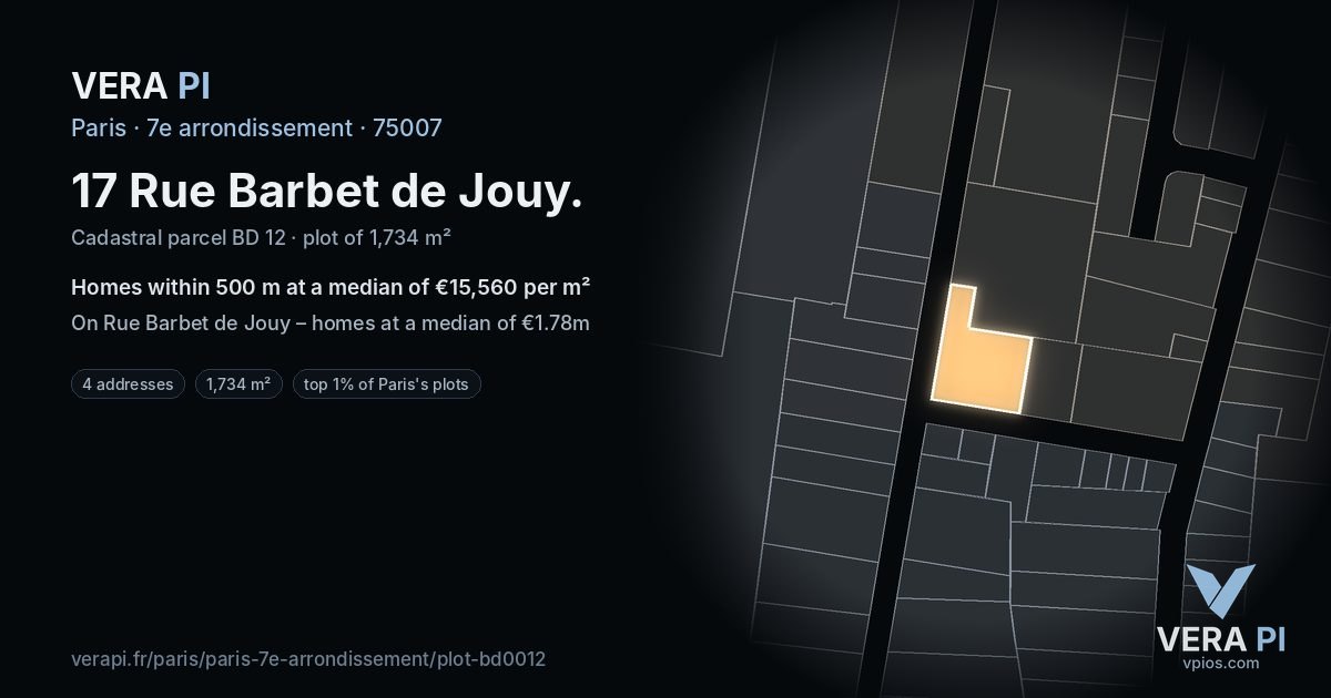 17 Rue Barbet de Jouy, 7e arrondissement at night – the plot lit, the parcels around coloured by the prices near them