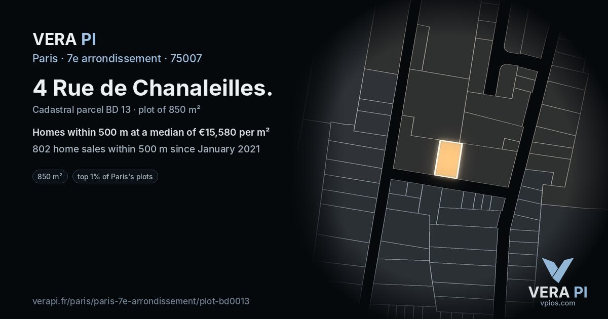 4 Rue de Chanaleilles, 7e arrondissement at night – the plot lit, the parcels around coloured by the prices near them