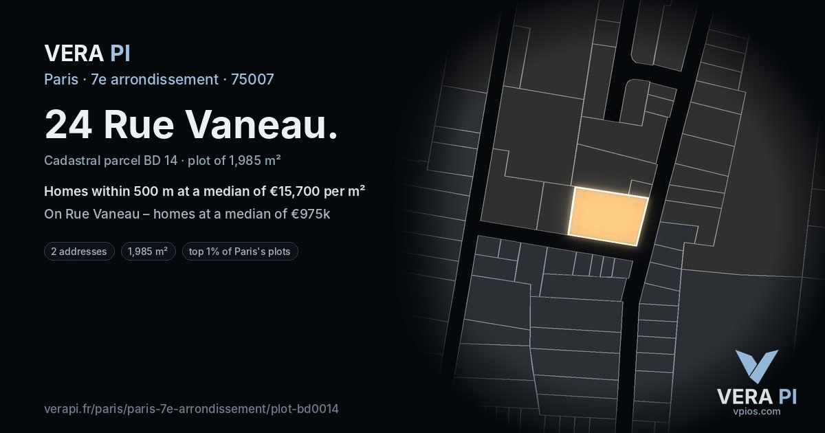 24 Rue Vaneau, 7e arrondissement at night – the plot lit, the parcels around coloured by the prices near them