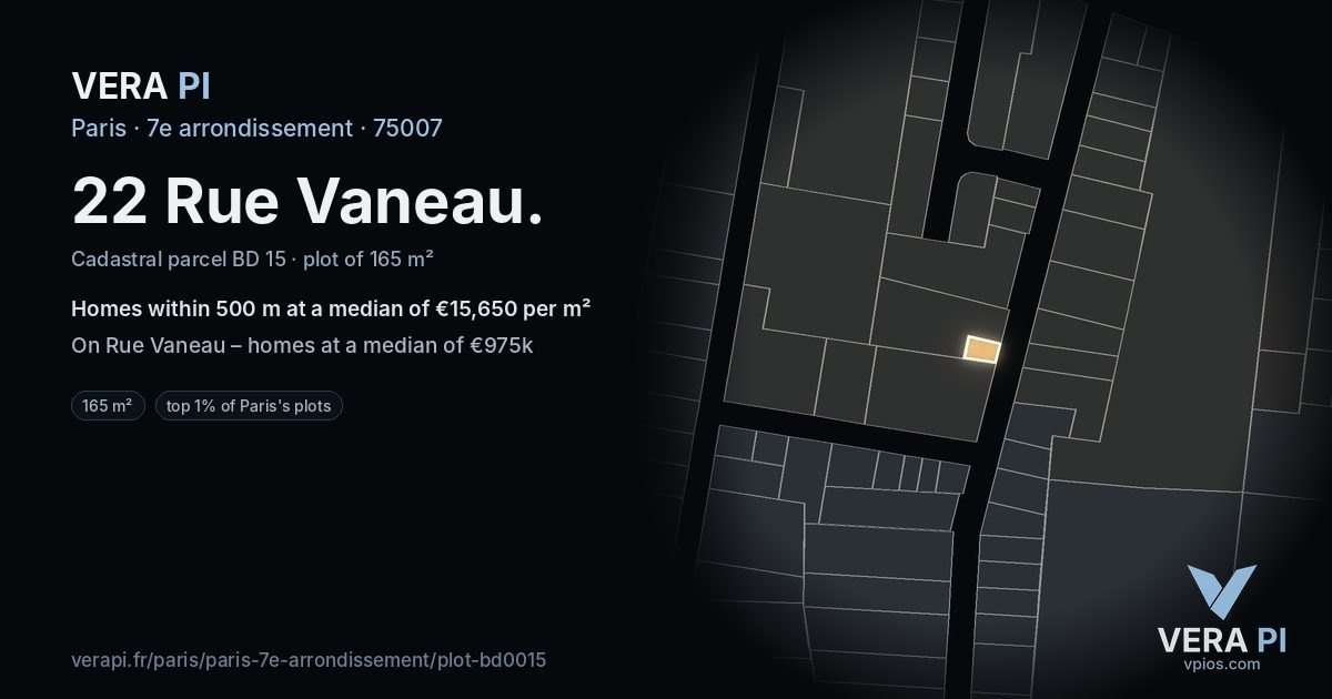 22 Rue Vaneau, 7e arrondissement at night – the plot lit, the parcels around coloured by the prices near them