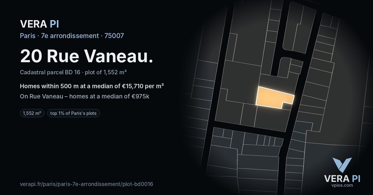 20 Rue Vaneau, 7e arrondissement at night – the plot lit, the parcels around coloured by the prices near them