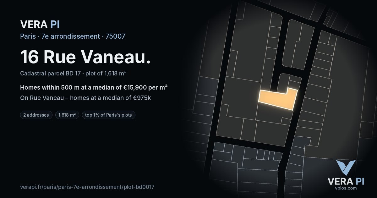 16 Rue Vaneau, 7e arrondissement at night – the plot lit, the parcels around coloured by the prices near them