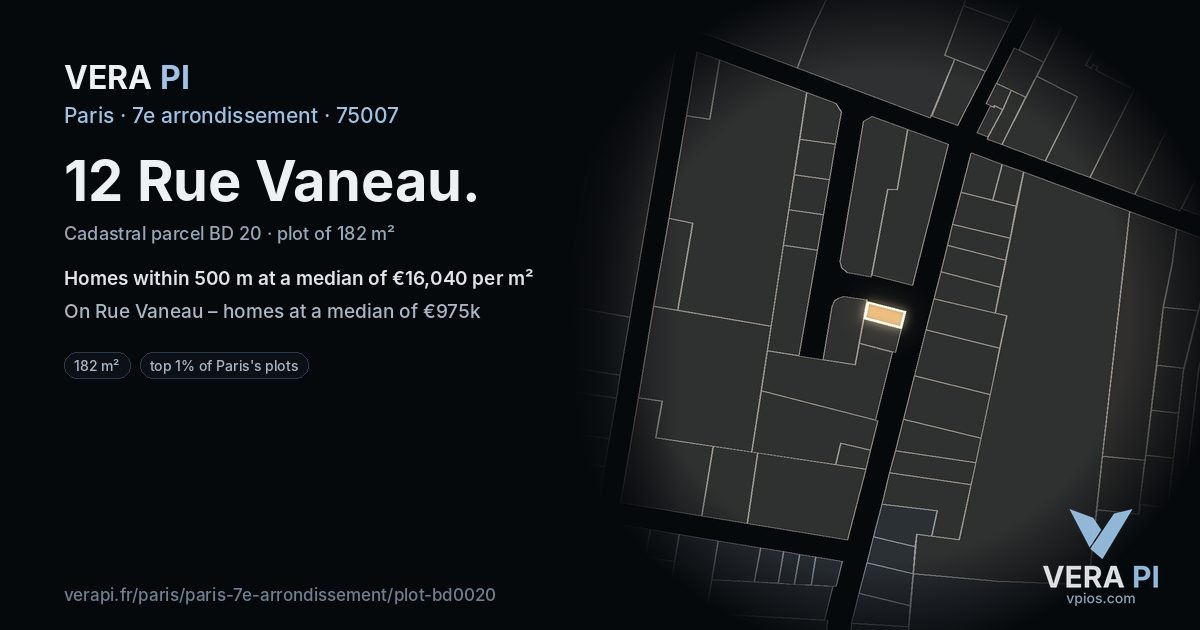 12 Rue Vaneau, 7e arrondissement at night – the plot lit, the parcels around coloured by the prices near them