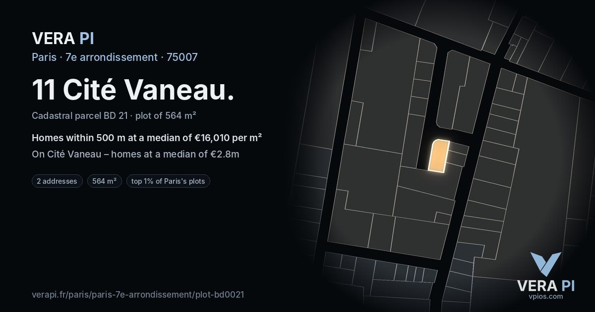 11 Cité Vaneau, 7e arrondissement at night – the plot lit, the parcels around coloured by the prices near them