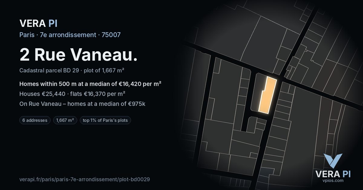 2 Rue Vaneau, 7e arrondissement at night – the plot lit, the parcels around coloured by the prices near them