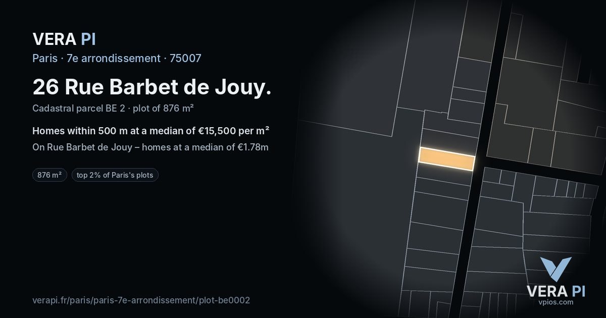 26 Rue Barbet de Jouy, 7e arrondissement at night – the plot lit, the parcels around coloured by the prices near them