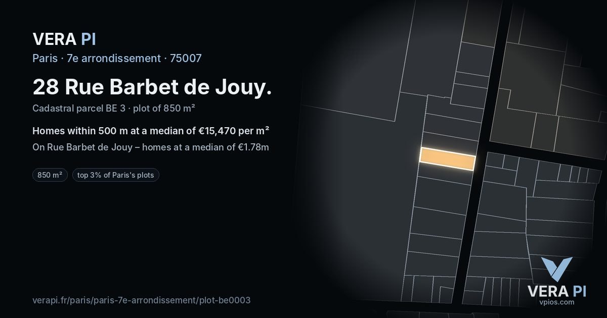 28 Rue Barbet de Jouy, 7e arrondissement at night – the plot lit, the parcels around coloured by the prices near them