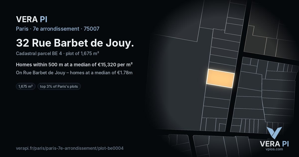 32 Rue Barbet de Jouy, 7e arrondissement at night – the plot lit, the parcels around coloured by the prices near them