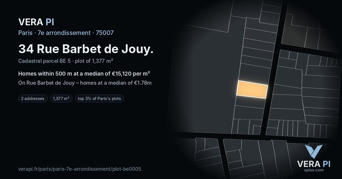 34 Rue Barbet de Jouy, 7e arrondissement at night – the plot lit, the parcels around coloured by the prices near them