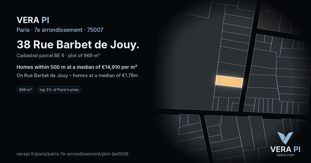 38 Rue Barbet de Jouy, 7e arrondissement at night – the plot lit, the parcels around coloured by the prices near them