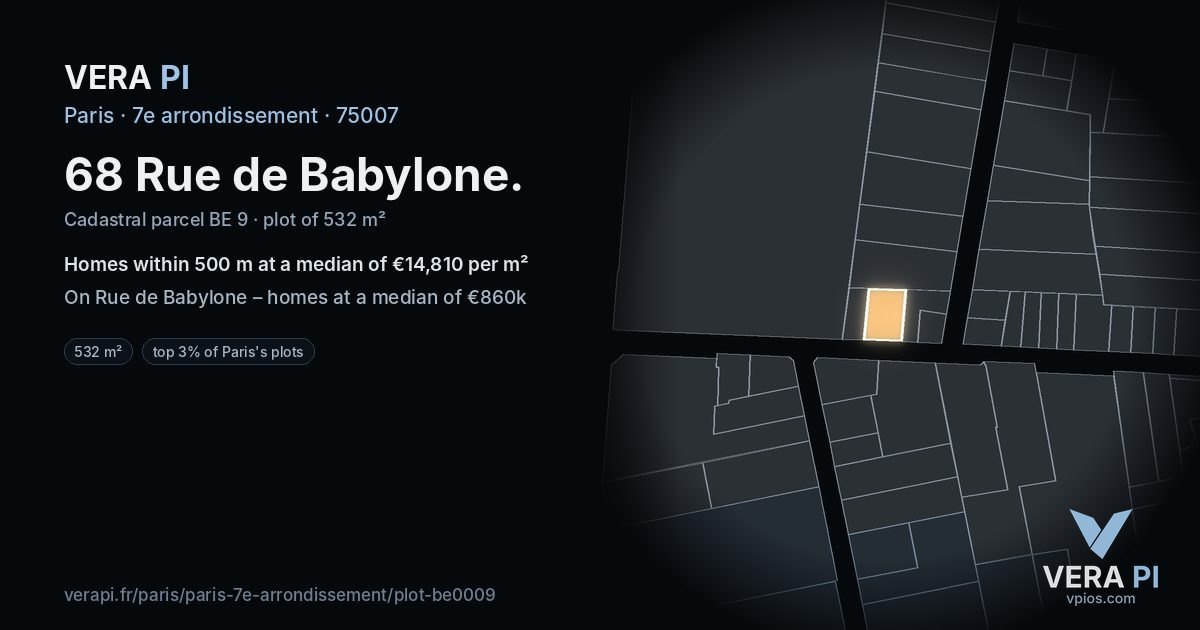 68 Rue de Babylone, 7e arrondissement at night – the plot lit, the parcels around coloured by the prices near them