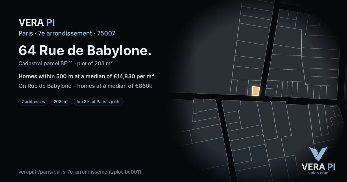 64 Rue de Babylone, 7e arrondissement at night – the plot lit, the parcels around coloured by the prices near them