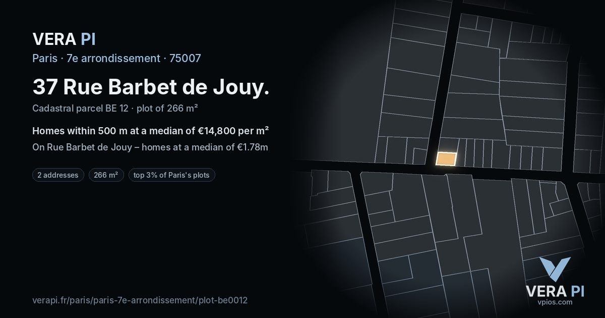 37 Rue Barbet de Jouy, 7e arrondissement at night – the plot lit, the parcels around coloured by the prices near them