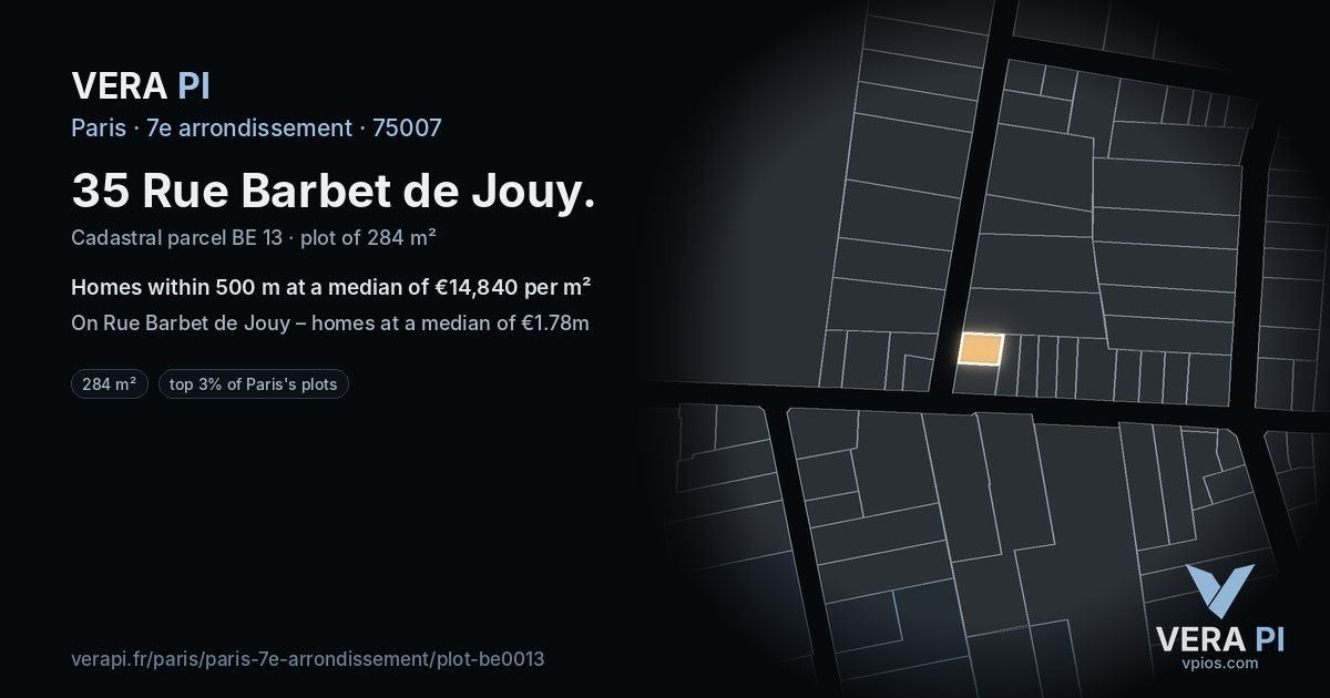 35 Rue Barbet de Jouy, 7e arrondissement at night – the plot lit, the parcels around coloured by the prices near them