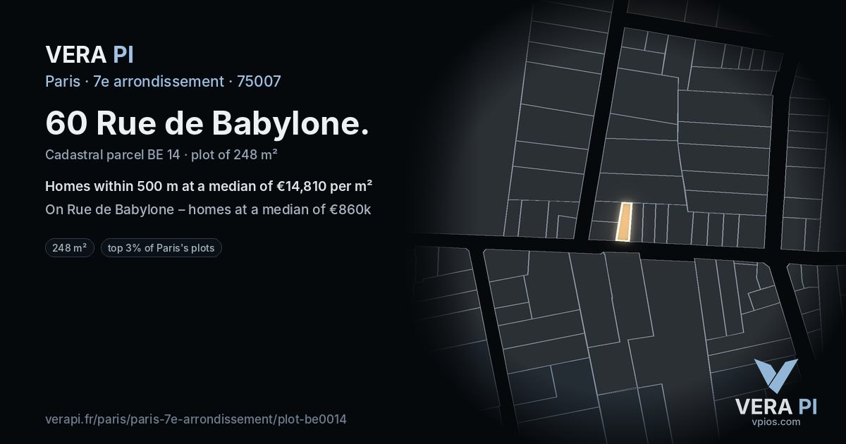 60 Rue de Babylone, 7e arrondissement at night – the plot lit, the parcels around coloured by the prices near them
