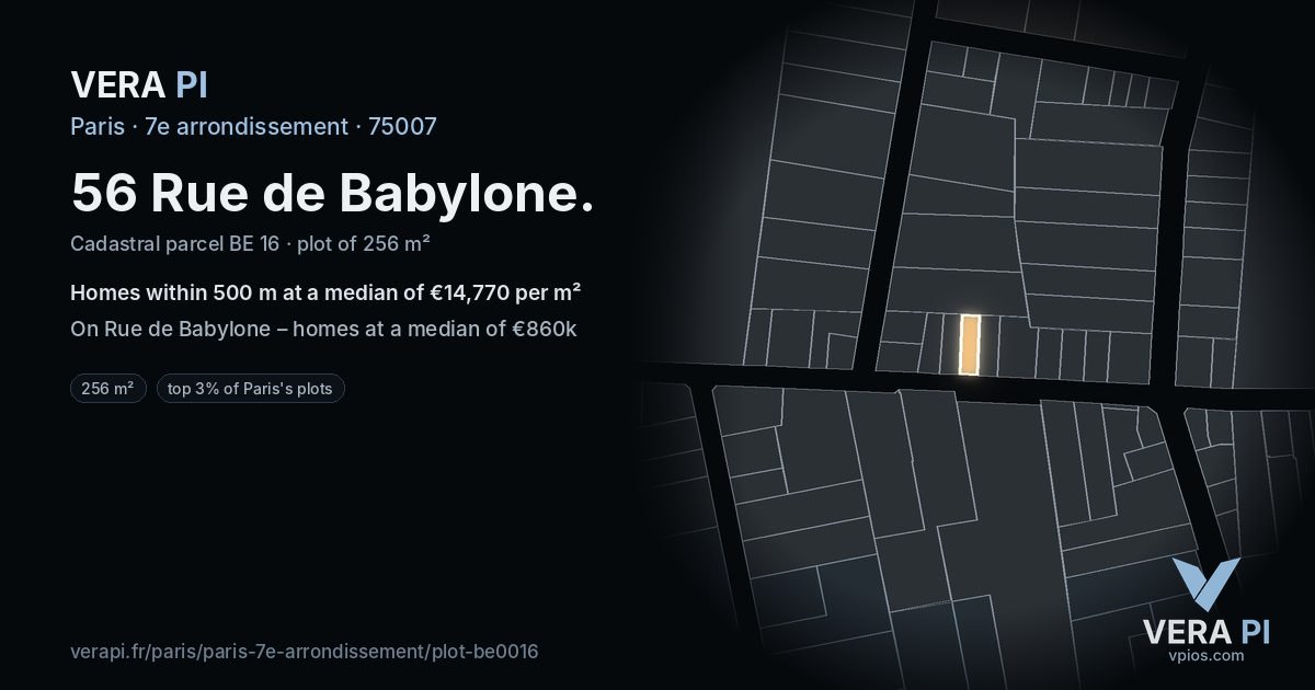 56 Rue de Babylone, 7e arrondissement at night – the plot lit, the parcels around coloured by the prices near them