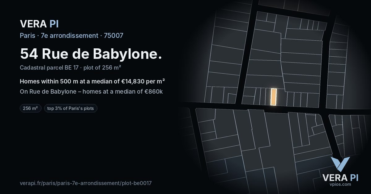 54 Rue de Babylone, 7e arrondissement at night – the plot lit, the parcels around coloured by the prices near them