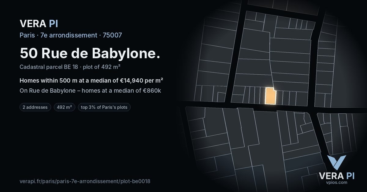 50 Rue de Babylone, 7e arrondissement at night – the plot lit, the parcels around coloured by the prices near them