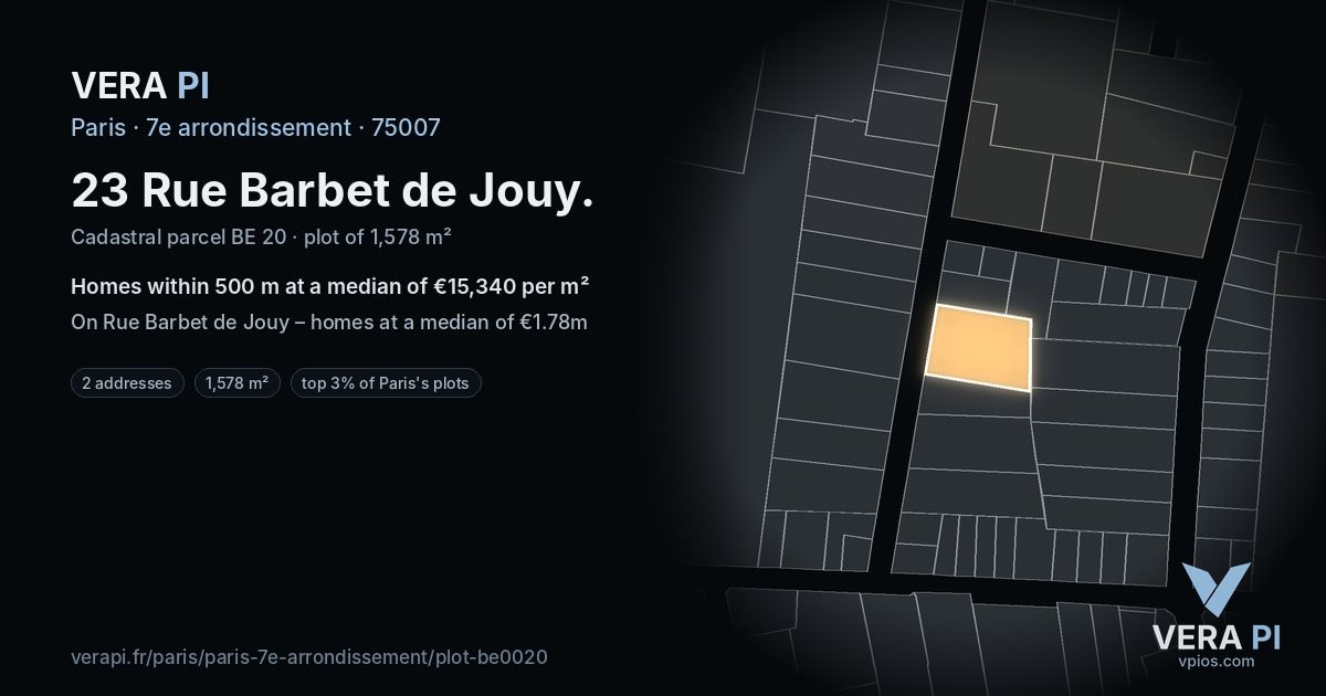 23 Rue Barbet de Jouy, 7e arrondissement at night – the plot lit, the parcels around coloured by the prices near them