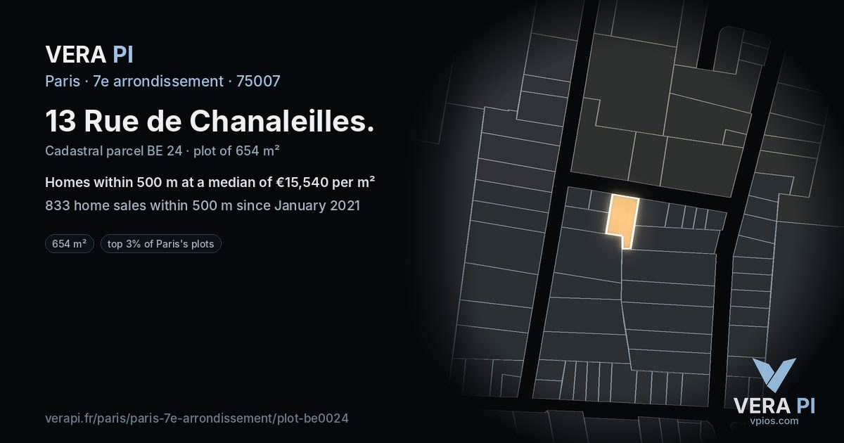 13 Rue de Chanaleilles, 7e arrondissement at night – the plot lit, the parcels around coloured by the prices near them