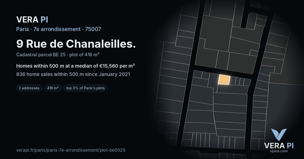 9 Rue de Chanaleilles, 7e arrondissement at night – the plot lit, the parcels around coloured by the prices near them