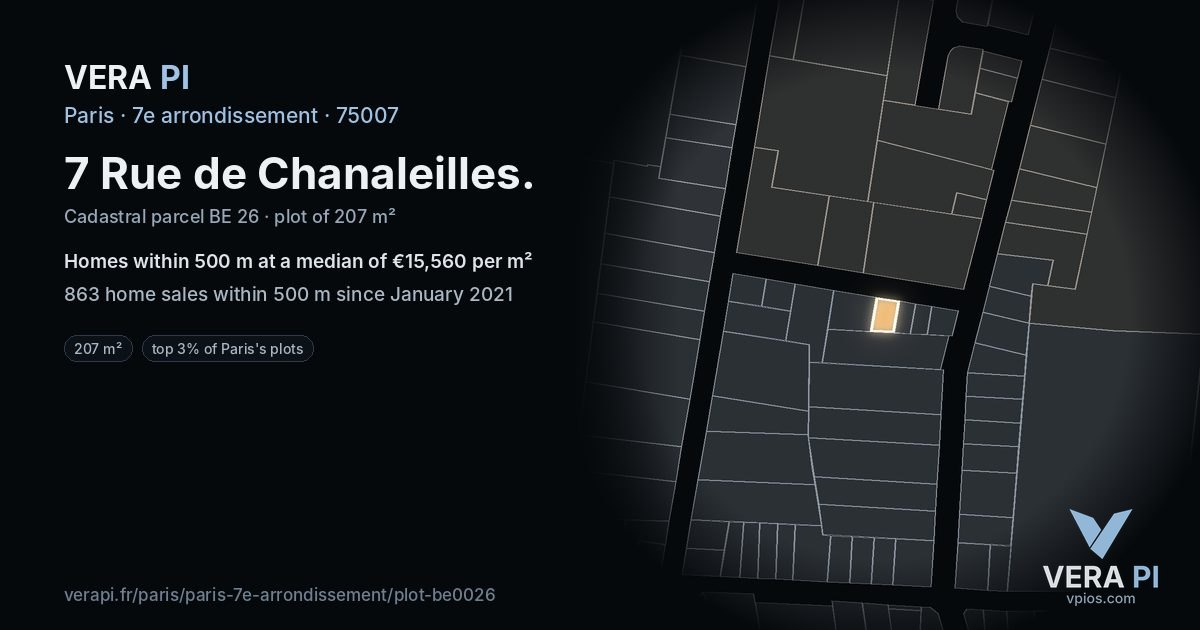 7 Rue de Chanaleilles, 7e arrondissement at night – the plot lit, the parcels around coloured by the prices near them