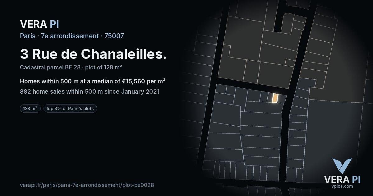 3 Rue de Chanaleilles, 7e arrondissement at night – the plot lit, the parcels around coloured by the prices near them
