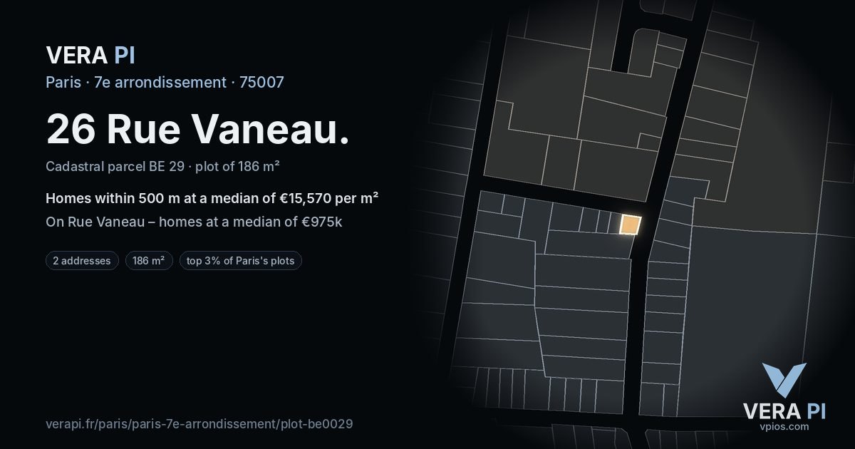 26 Rue Vaneau, 7e arrondissement at night – the plot lit, the parcels around coloured by the prices near them