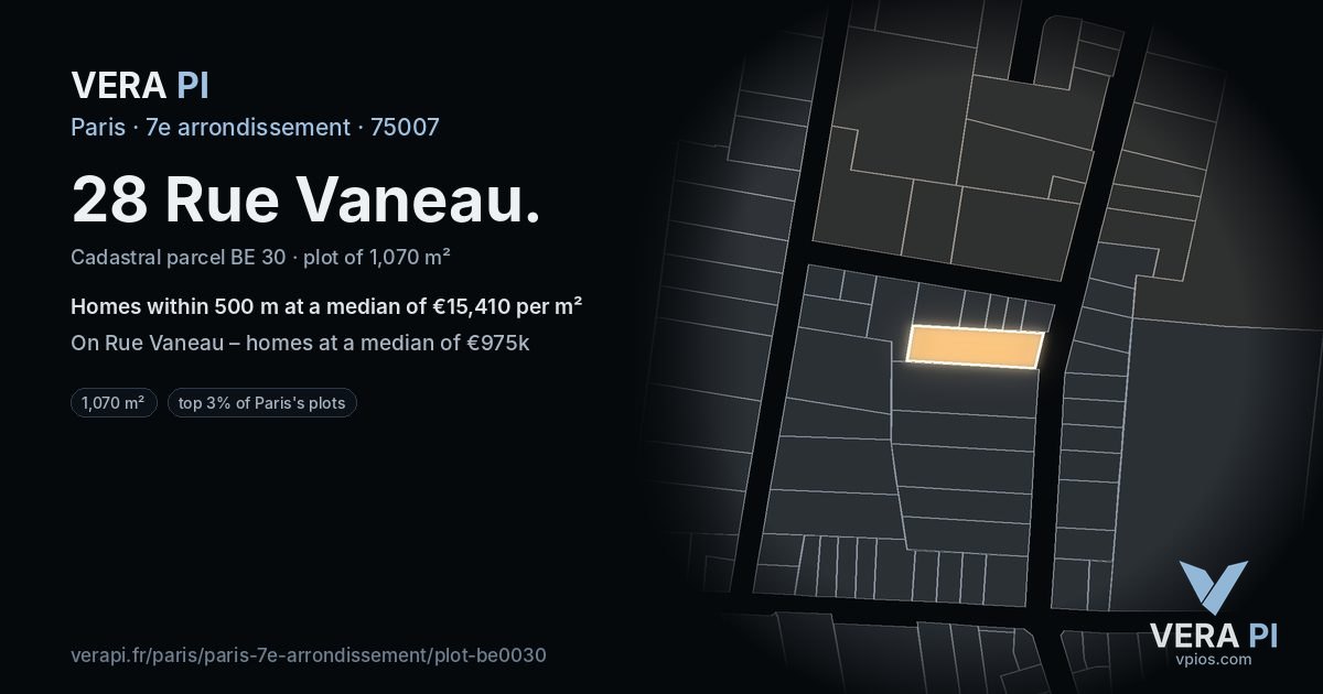 28 Rue Vaneau, 7e arrondissement at night – the plot lit, the parcels around coloured by the prices near them