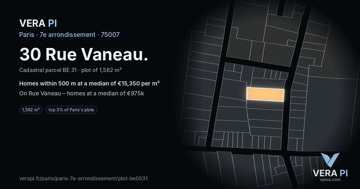 30 Rue Vaneau, 7e arrondissement at night – the plot lit, the parcels around coloured by the prices near them