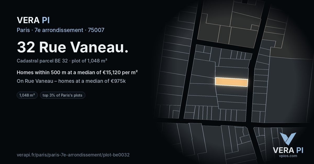 32 Rue Vaneau, 7e arrondissement at night – the plot lit, the parcels around coloured by the prices near them