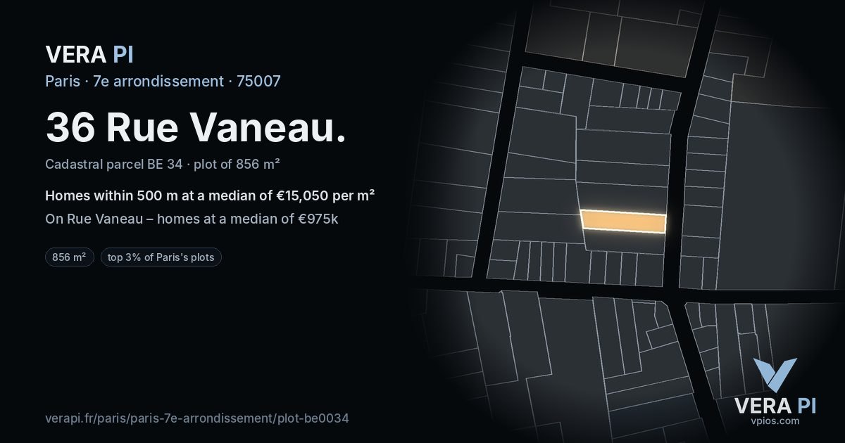 36 Rue Vaneau, 7e arrondissement at night – the plot lit, the parcels around coloured by the prices near them
