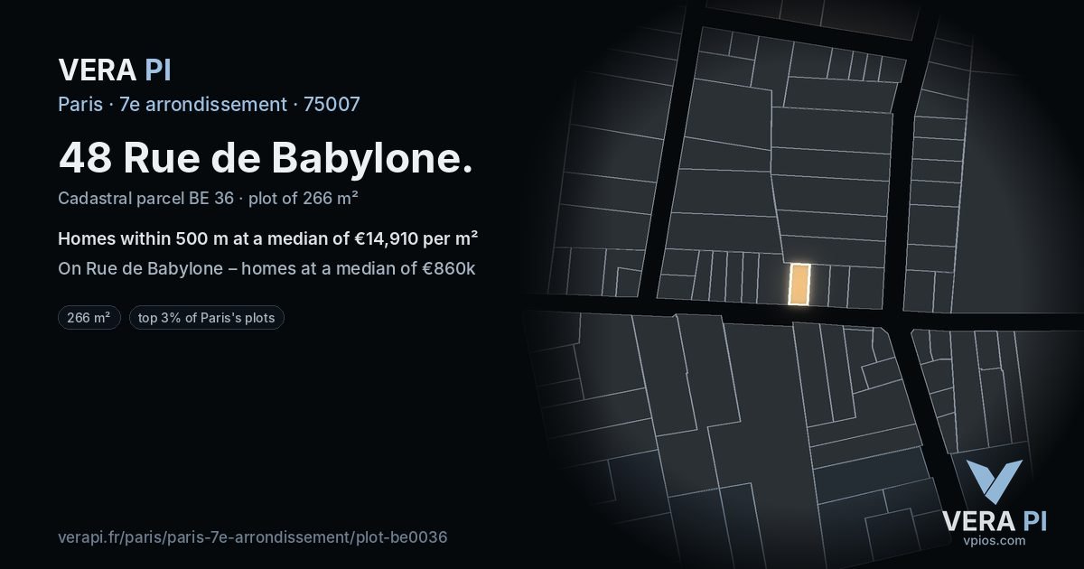 48 Rue de Babylone, 7e arrondissement at night – the plot lit, the parcels around coloured by the prices near them