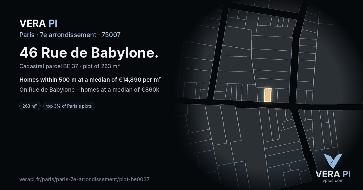 46 Rue de Babylone, 7e arrondissement at night – the plot lit, the parcels around coloured by the prices near them