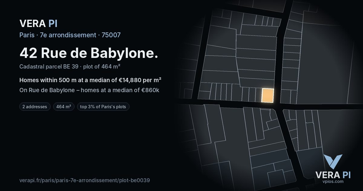 42 Rue de Babylone, 7e arrondissement at night – the plot lit, the parcels around coloured by the prices near them