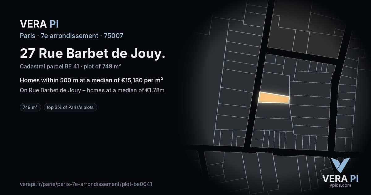 27 Rue Barbet de Jouy, 7e arrondissement at night – the plot lit, the parcels around coloured by the prices near them