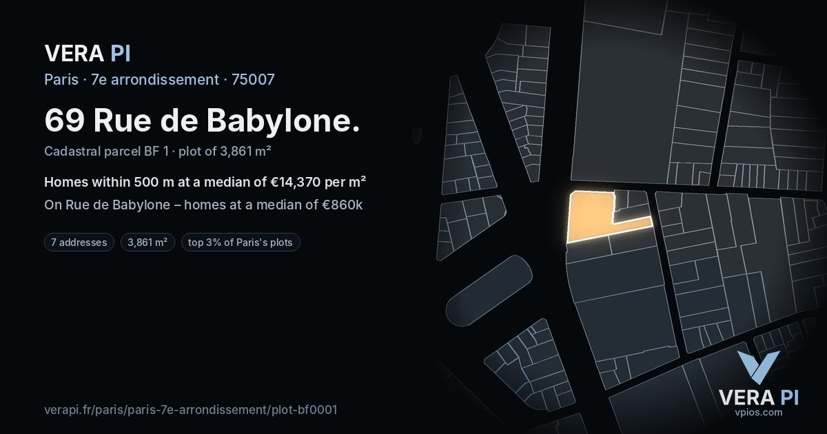 69 Rue de Babylone, 7e arrondissement at night – the plot lit, the parcels around coloured by the prices near them