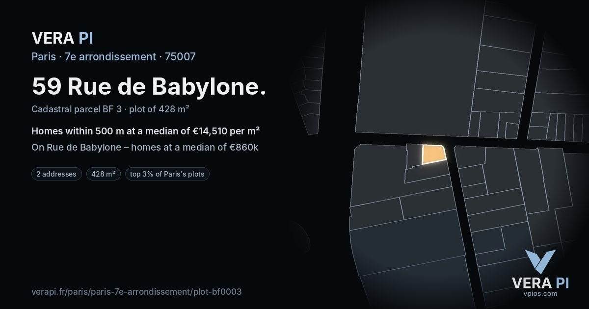 59 Rue de Babylone, 7e arrondissement at night – the plot lit, the parcels around coloured by the prices near them
