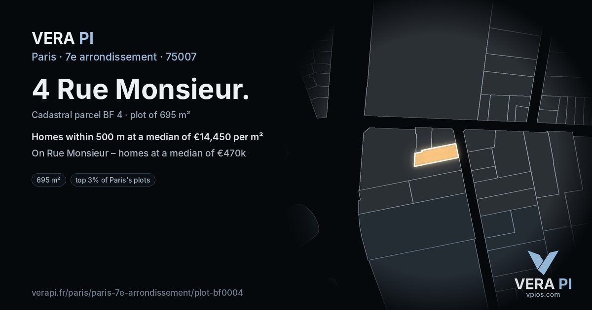 4 Rue Monsieur, 7e arrondissement at night – the plot lit, the parcels around coloured by the prices near them