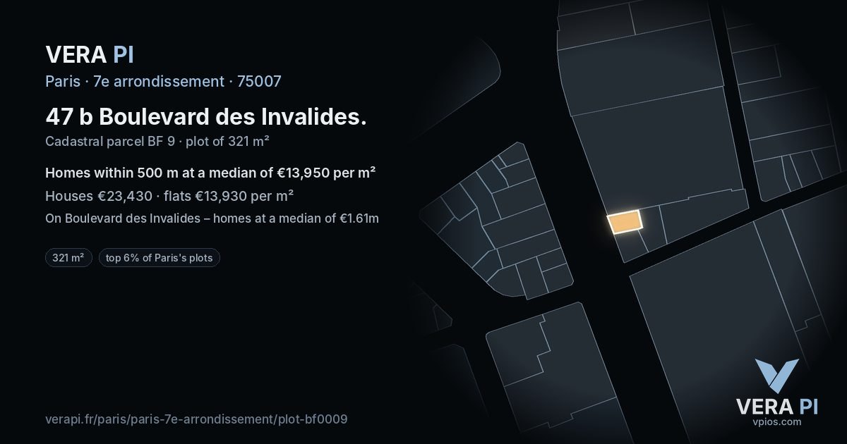 47 b Boulevard des Invalides, 7e arrondissement at night – the plot lit, the parcels around coloured by the prices near them