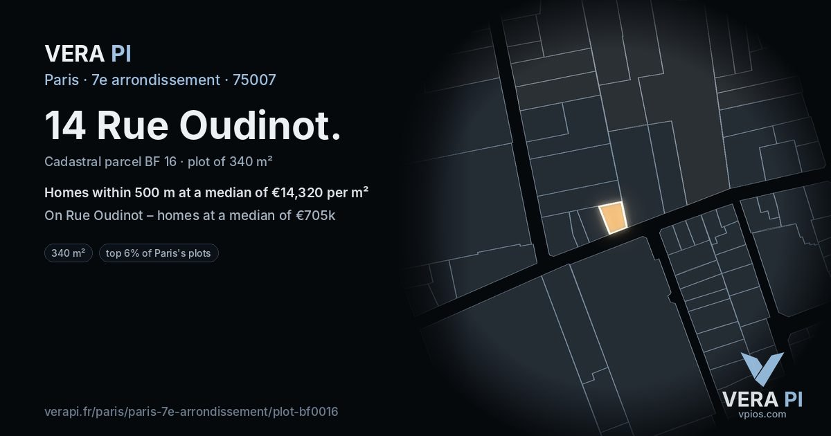 14 Rue Oudinot, 7e arrondissement at night – the plot lit, the parcels around coloured by the prices near them