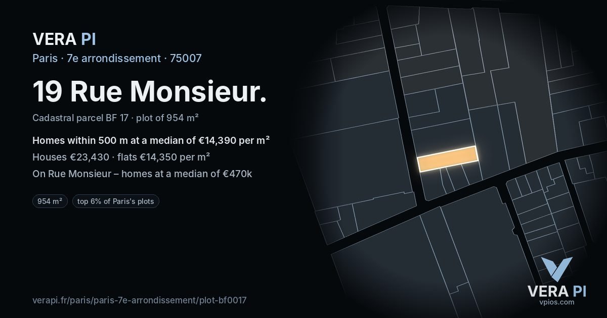 19 Rue Monsieur, 7e arrondissement at night – the plot lit, the parcels around coloured by the prices near them