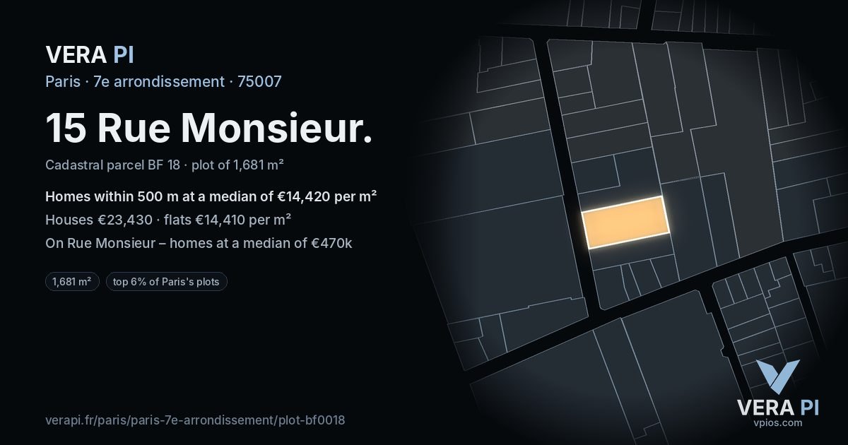 15 Rue Monsieur, 7e arrondissement at night – the plot lit, the parcels around coloured by the prices near them