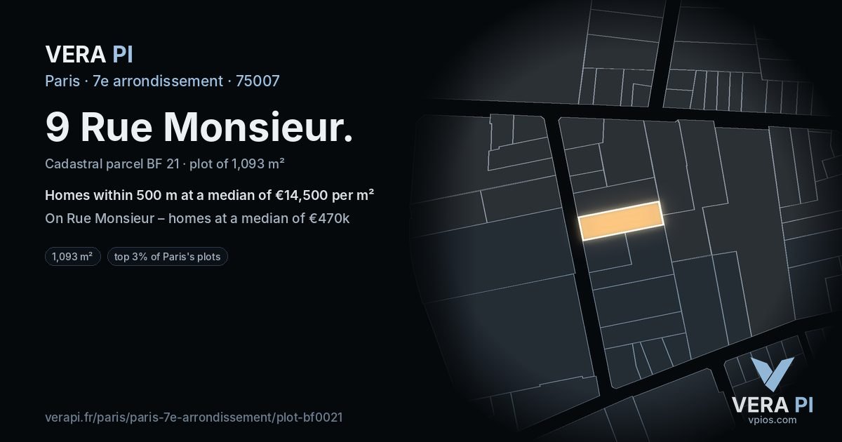 9 Rue Monsieur, 7e arrondissement at night – the plot lit, the parcels around coloured by the prices near them
