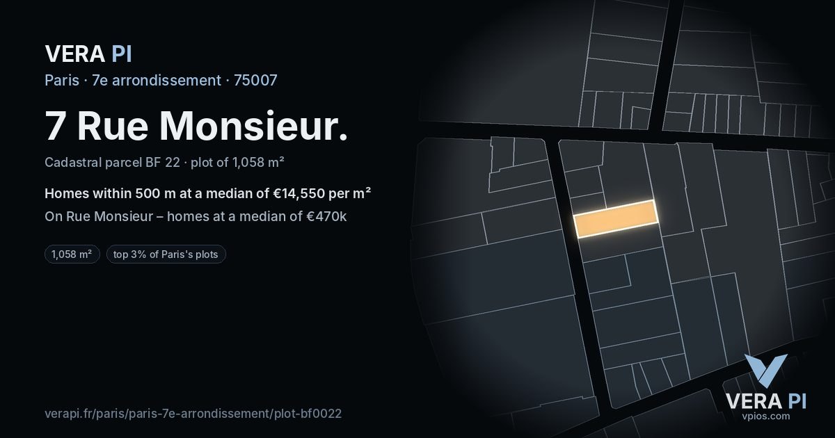 7 Rue Monsieur, 7e arrondissement at night – the plot lit, the parcels around coloured by the prices near them